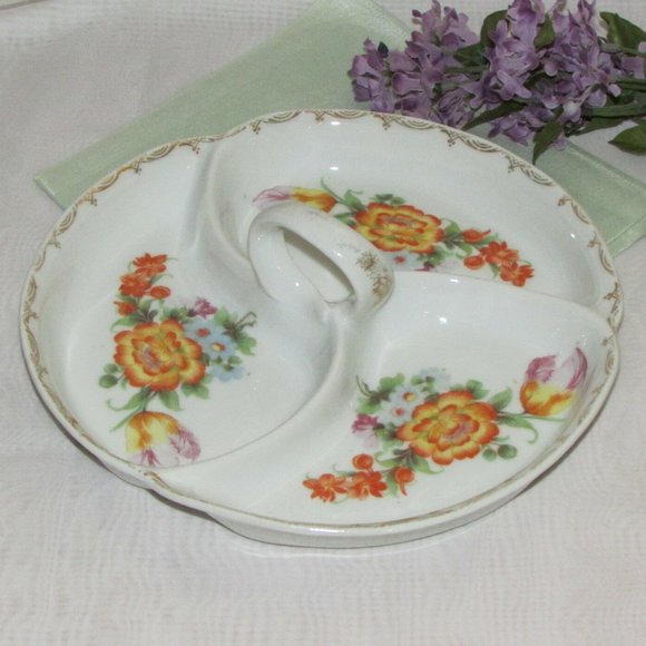 Vintage Serving Dish Round Divided Centre Handle Relish Pickle Plate Cottagecore - Picture 7 of 9